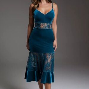 bebe Velvet & Lace Illusion Midi Dress – Teal – Size M (NWOT)